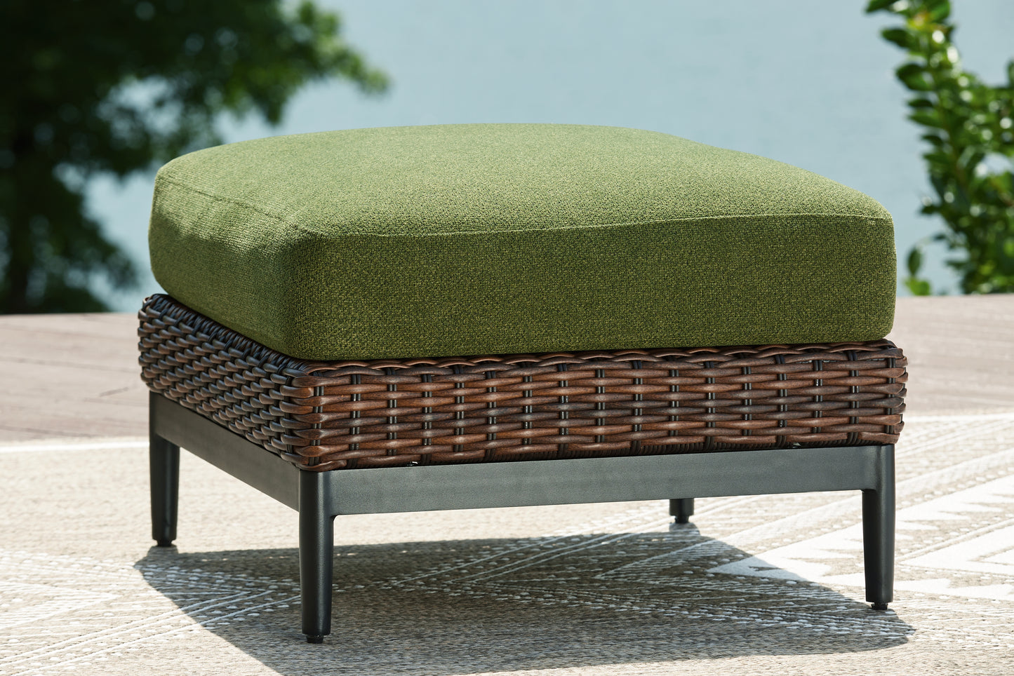 Haines Furniture Outlet - Ashley Furniture - Horizon Hall Outdoor - Ottoman with Cushion / Brown/Green - P572-814