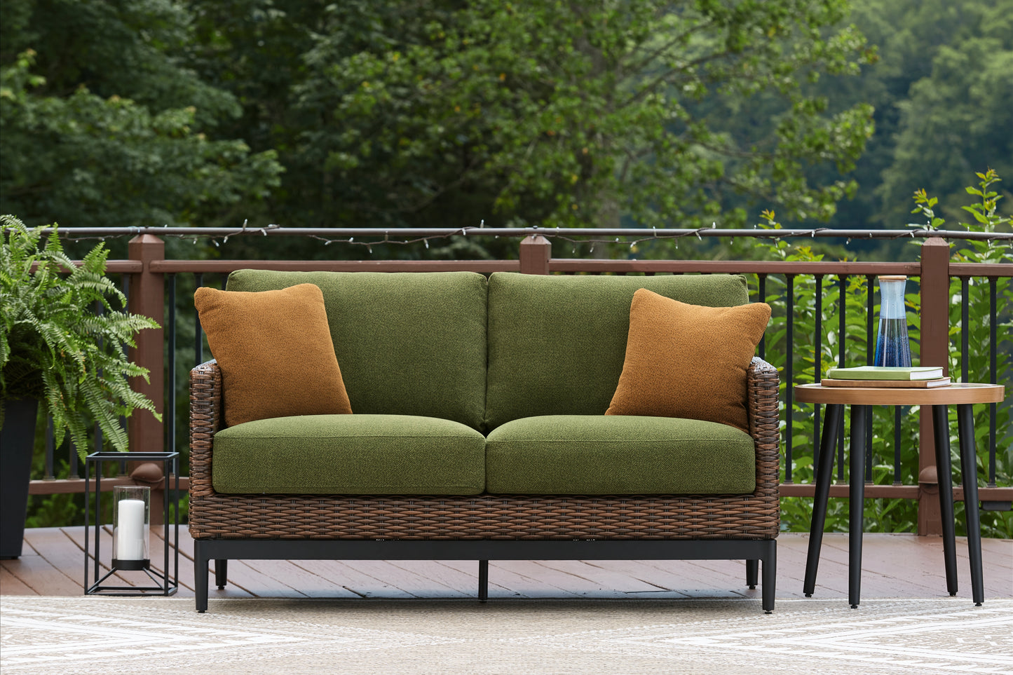 Haines Furniture Outlet - Ashley Furniture - Horizon Hall Outdoor - Loveseat w/Cushion / Brown/Green - P572-835