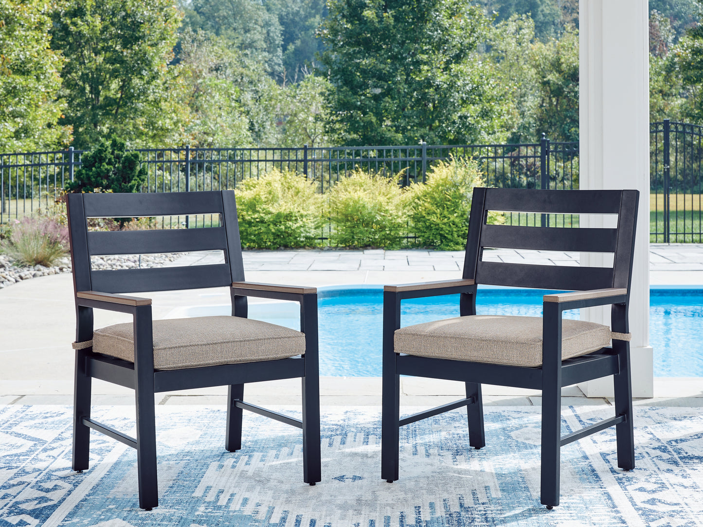 Haines Furniture Outlet - Ashley Furniture - East Beach Outdoor - Arm Chair With Cushion (Set of 2) / Navy Blue/Driftwood - PCP587-601A