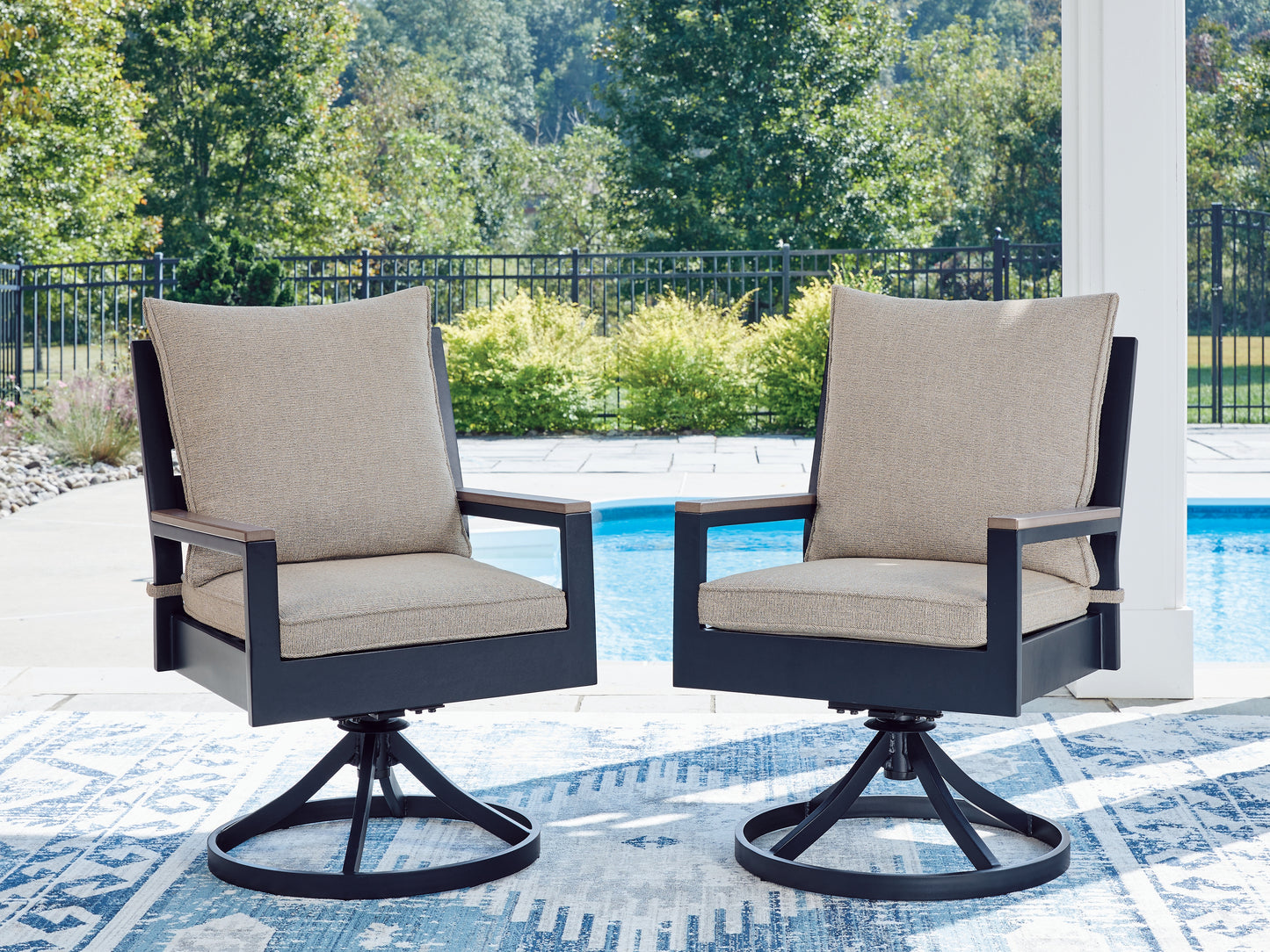 Haines Furniture Outlet - Ashley Furniture - East Beach Outdoor - Swivel Chair w/Cushion (Set of 2) - PCP587-602A