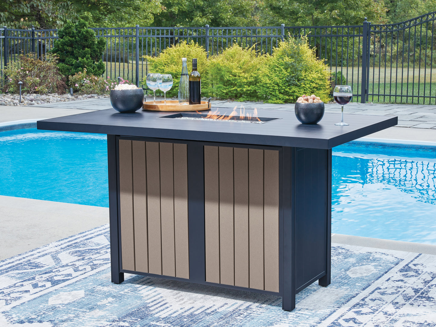 Haines Furniture Outlet - Ashley Furniture - East Beach Outdoor - RECT Bar Table w/Fire Pit / Navy Blue/Driftwood - PCP587-665