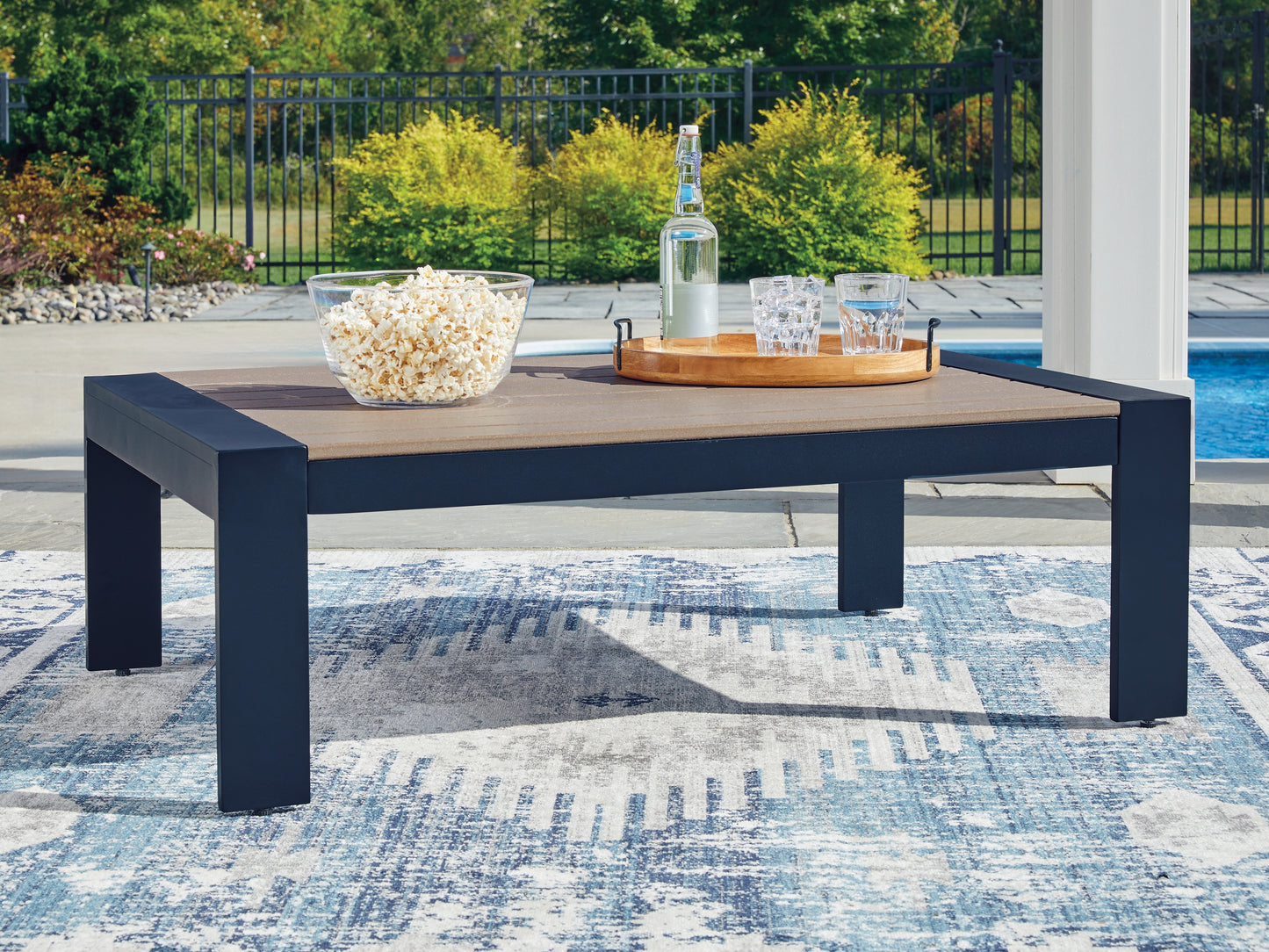 Haines Furniture Outlet - Ashley Furniture - East Beach Outdoor - Rectangular Cocktail Table / Navy Blue/Driftwood - PCP587-701