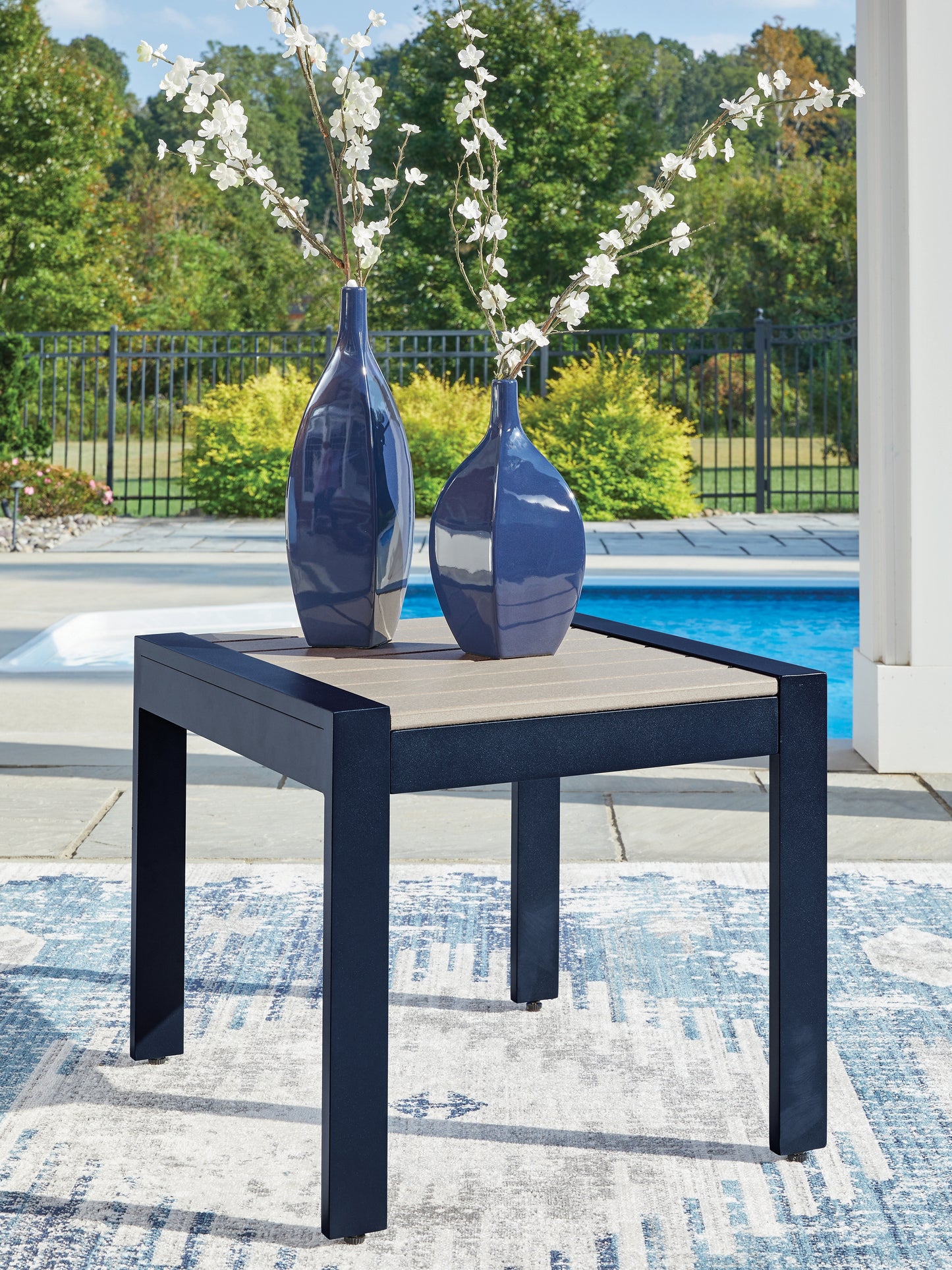 Haines Furniture Outlet - Ashley Furniture - East Beach Outdoor - Rectangular End Table / Navy Blue/Driftwood - PCP587-703