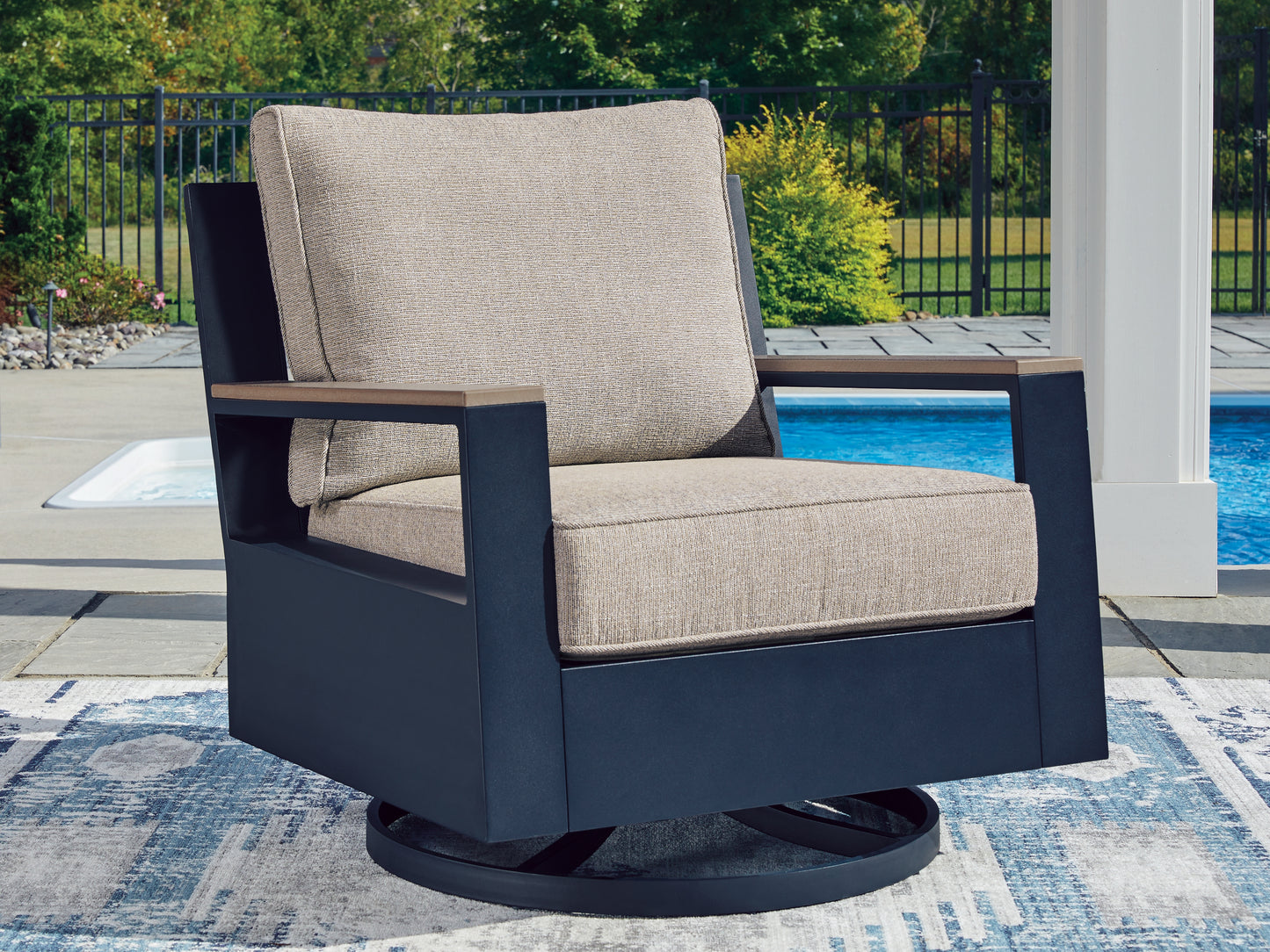 Haines Furniture Outlet - Ashley Furniture - East Beach Outdoor - Swivel Glider Chair w/Cushion / Navy Blue/Driftwood - PCP587-821