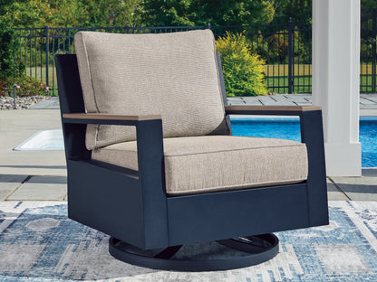 Haines Furniture Outlet - Ashley Furniture - East Beach Outdoor - Swivel Glider Chair w/Cushion / Navy Blue/Driftwood - PCP587-821