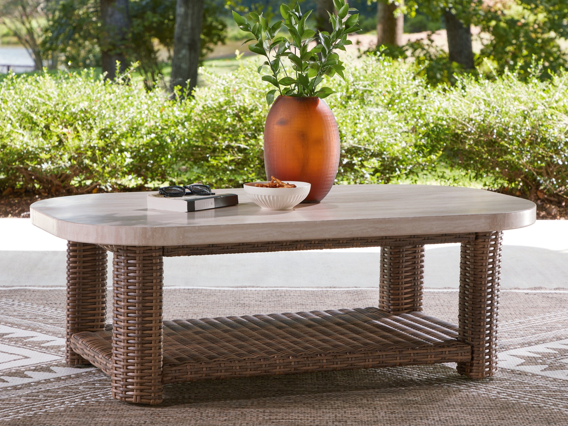 Haines Furniture Outlet - Ashley Furniture - Dolan Creek Outdoor - Rectangular Cocktail Table / Beige/Brown - PCP610-701