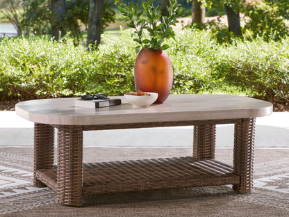 Haines Furniture Outlet - Ashley Furniture - Dolan Creek Outdoor - Rectangular Cocktail Table / Beige/Brown - PCP610-701