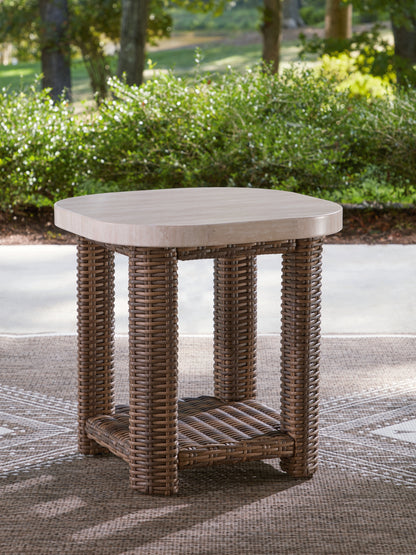 Haines Furniture Outlet - Ashley Furniture - Dolan Creek Outdoor - Square End Table / Beige/Brown - PCP610-702