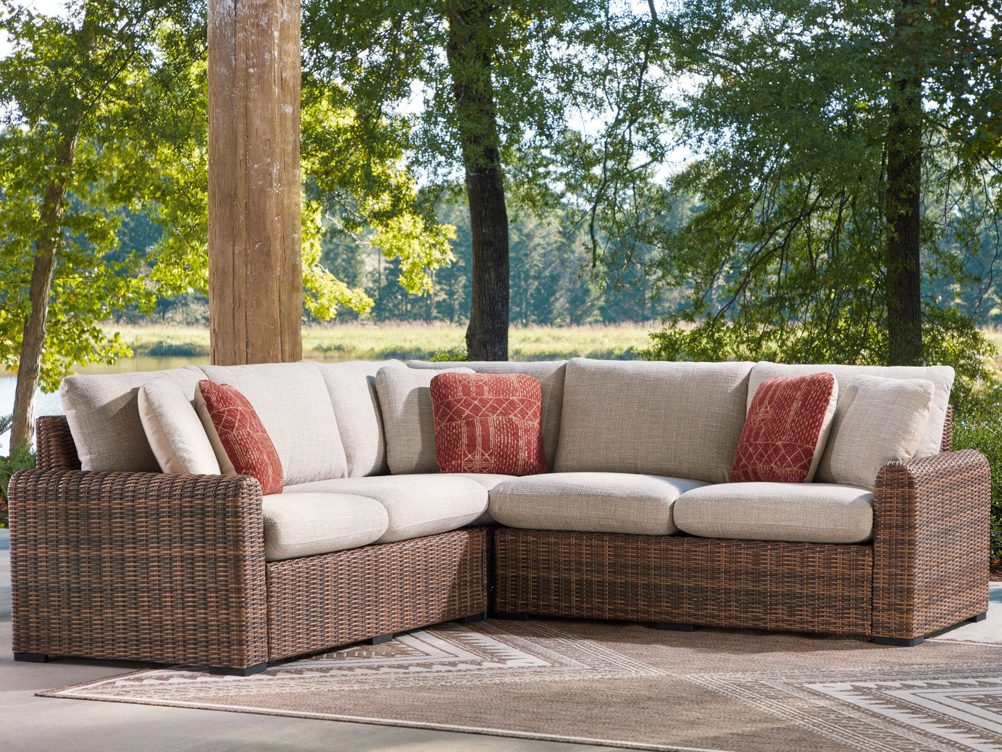 Haines Furniture Outlet - Ashley Furniture - Dolan Creek Outdoor - 3-Piece Outdoor Sectional / Beige/Brown - PCP610P1