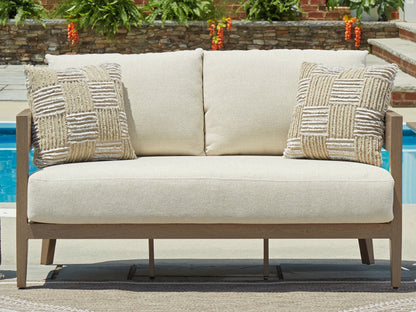 Haines Furniture Outlet - Ashley Furniture - Serene Bay Outdoor - Loveseat w/Cushion / Dark Brown/White - P671-835