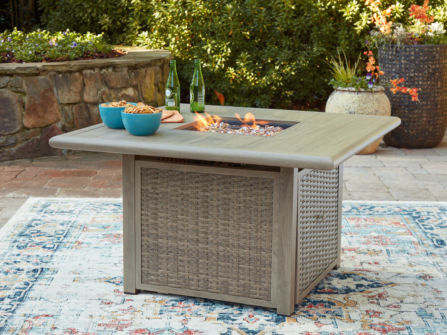 Haines Furniture Outlet - Ashley Furniture - Cliff Trails Outdoor - Square Fire Pit Table / Beige - PCP690-772