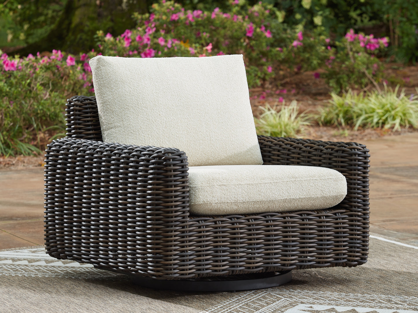 Haines Furniture Outlet - Ashley Furniture - Kimora Outdoor - Swivel Glider Lounge w/Cushion / Beige/Dark Brown - P711-821