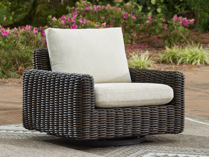 Haines Furniture Outlet - Ashley Furniture - Kimora Outdoor - Swivel Glider Lounge w/Cushion / Beige/Dark Brown - P711-821