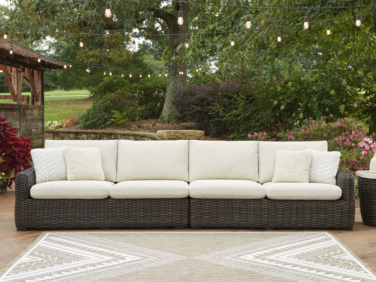 Haines Furniture Outlet - Ashley Furniture - Kimora Outdoor - RAF/LAF Loveseat w/CUSH (Set of 2) / Beige/Dark Brown - P711-854