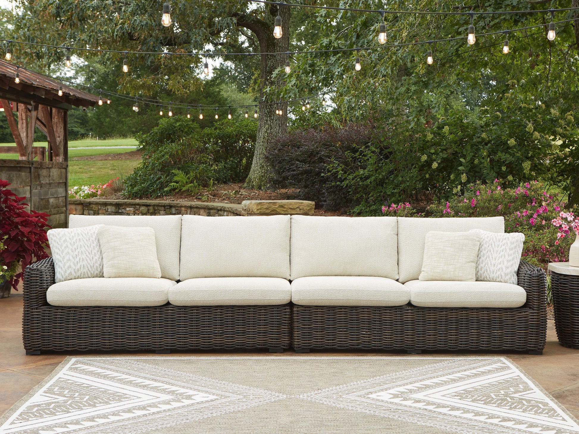Haines Furniture Outlet - Ashley Furniture - Kimora Outdoor - RAF/LAF Loveseat w/CUSH (Set of 2) / Beige/Dark Brown - P711-854