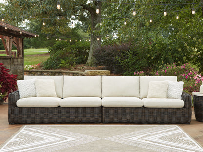 Haines Furniture Outlet - Ashley Furniture - Kimora Outdoor - RAF/LAF Loveseat w/CUSH (Set of 2) / Beige/Dark Brown - P711-854