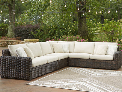 Haines Furniture Outlet - Ashley Furniture - Kimora Outdoor - 4-Piece Outdoor Sectional / Beige/Dark Brown - P711P2