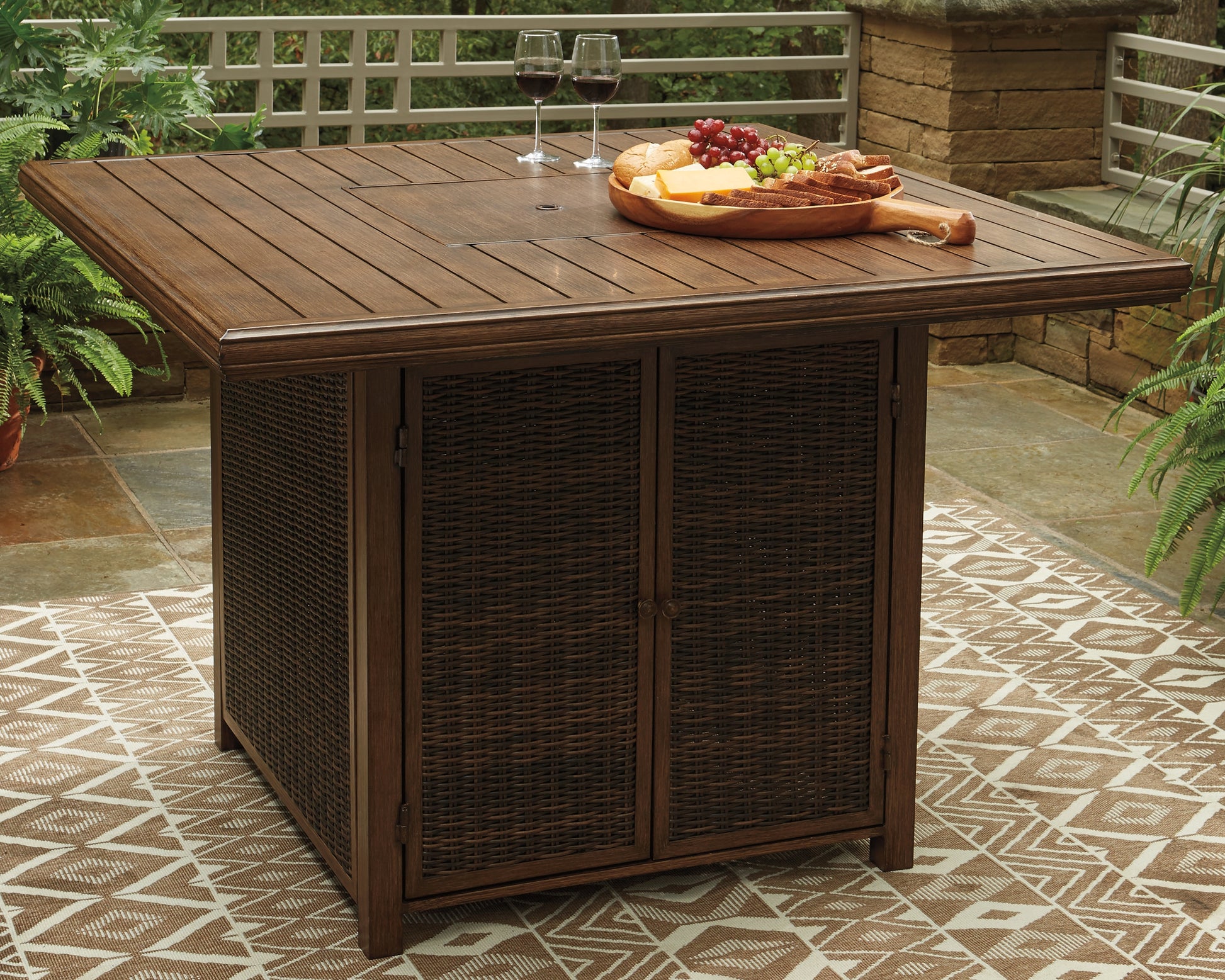 Haines Furniture Outlet - Ashley Furniture - Paradise Trail Outdoor - Square Bar Table w/Fire Pit / Medium Brown - P750-665