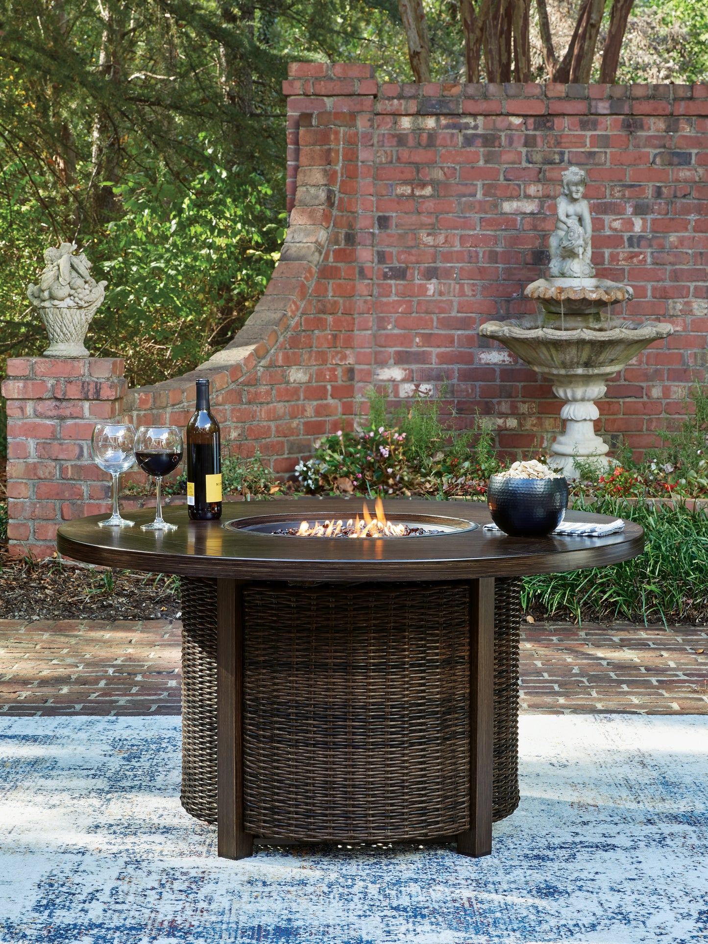 Haines Furniture Outlet - Ashley Furniture - Monterey Point Outdoor - Round Fire Pit Table / Dark Brown - PCP760-776
