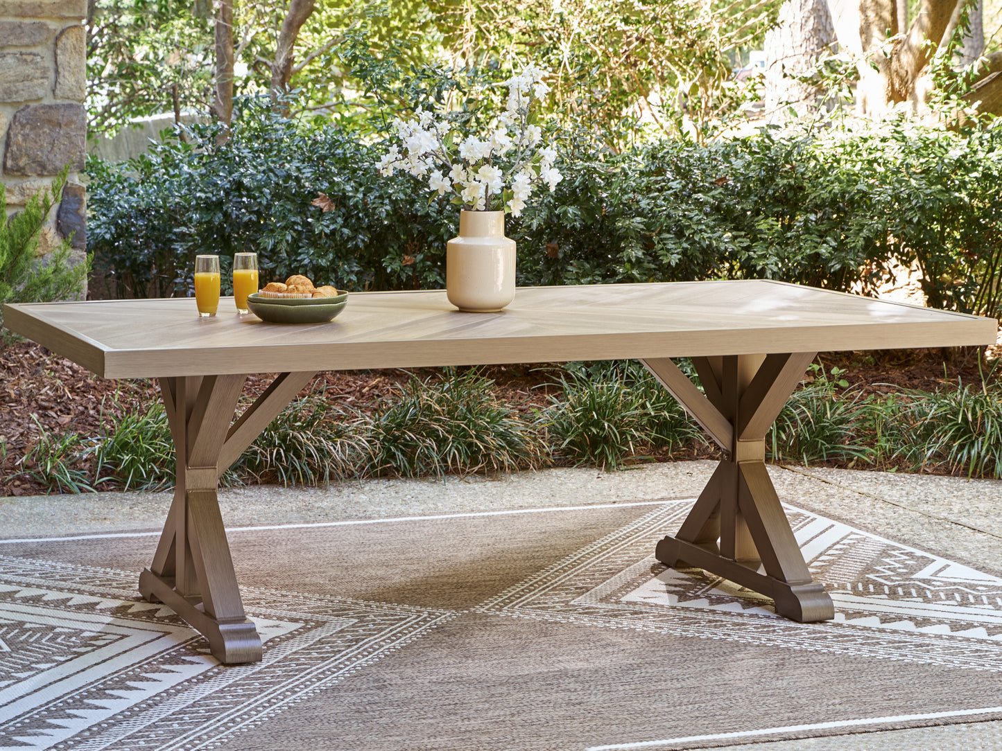 Haines Furniture Outlet - Ashley Furniture - Laguna Heights Outdoor - RECT Dining Table w/UMB OPT / Beige - PCP790-625