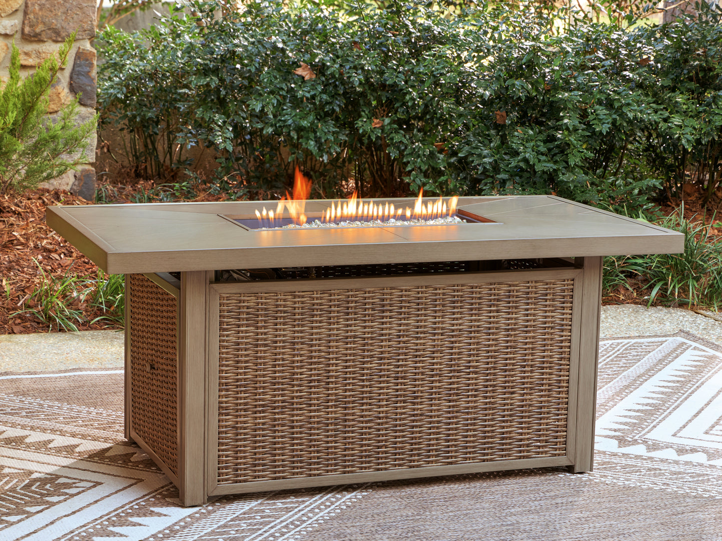 Haines Furniture Outlet - Ashley Furniture - Laguna Heights Outdoor - Rectangular Fire Pit Table / Beige - PCP790-773