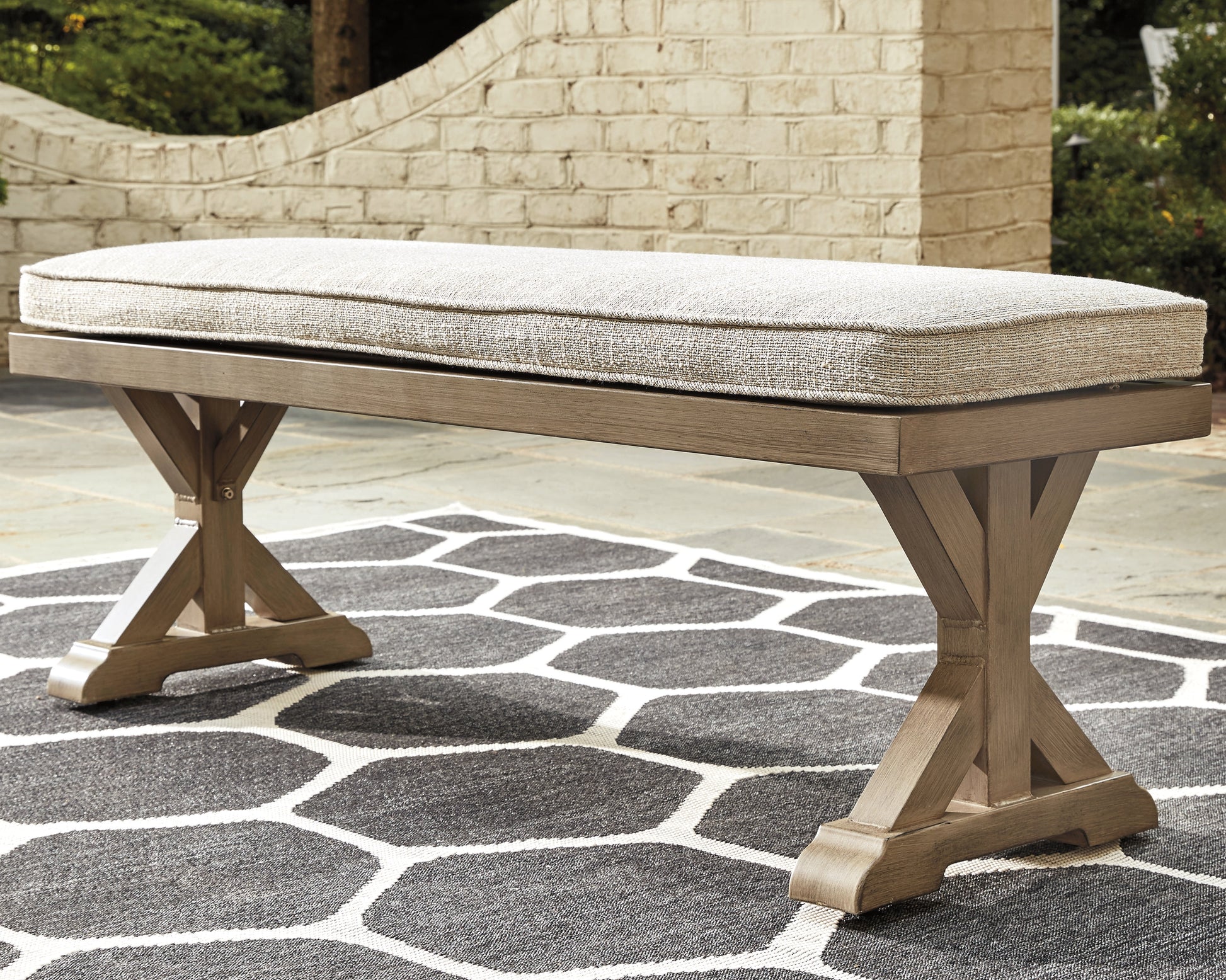 Haines Furniture Outlet - Ashley Furniture - Beachcroft Outdoor - Bench with Cushion / Beige - P791-600