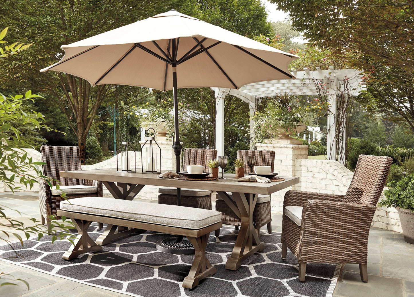 Haines Furniture Outlet - Ashley Furniture - Beachcroft Outdoor - RECT Dining Table w/UMB OPT / Beige - P791-625