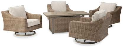 Haines Furniture Outlet - Ashley Furniture - Beachcroft Outdoor - 5-Piece Outdoor Fire Pit Table with 4 Chairs / Beige - P791P17