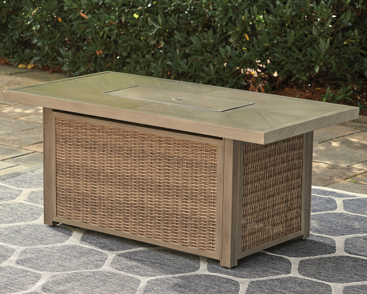 Haines Furniture Outlet - Ashley Furniture - Beachcroft Outdoor - Rectangular Fire Pit Table / Beige - P791-773