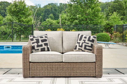 Haines Furniture Outlet - Ashley Furniture - Beachcroft Outdoor - Loveseat w/Cushion / Beige - P791-835