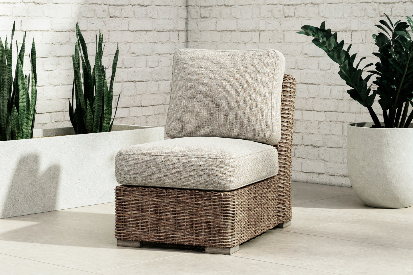 Haines Furniture Outlet - Ashley Furniture - Beachcroft Outdoor - Armless Chair w/Cushion / Beige - P791-846
