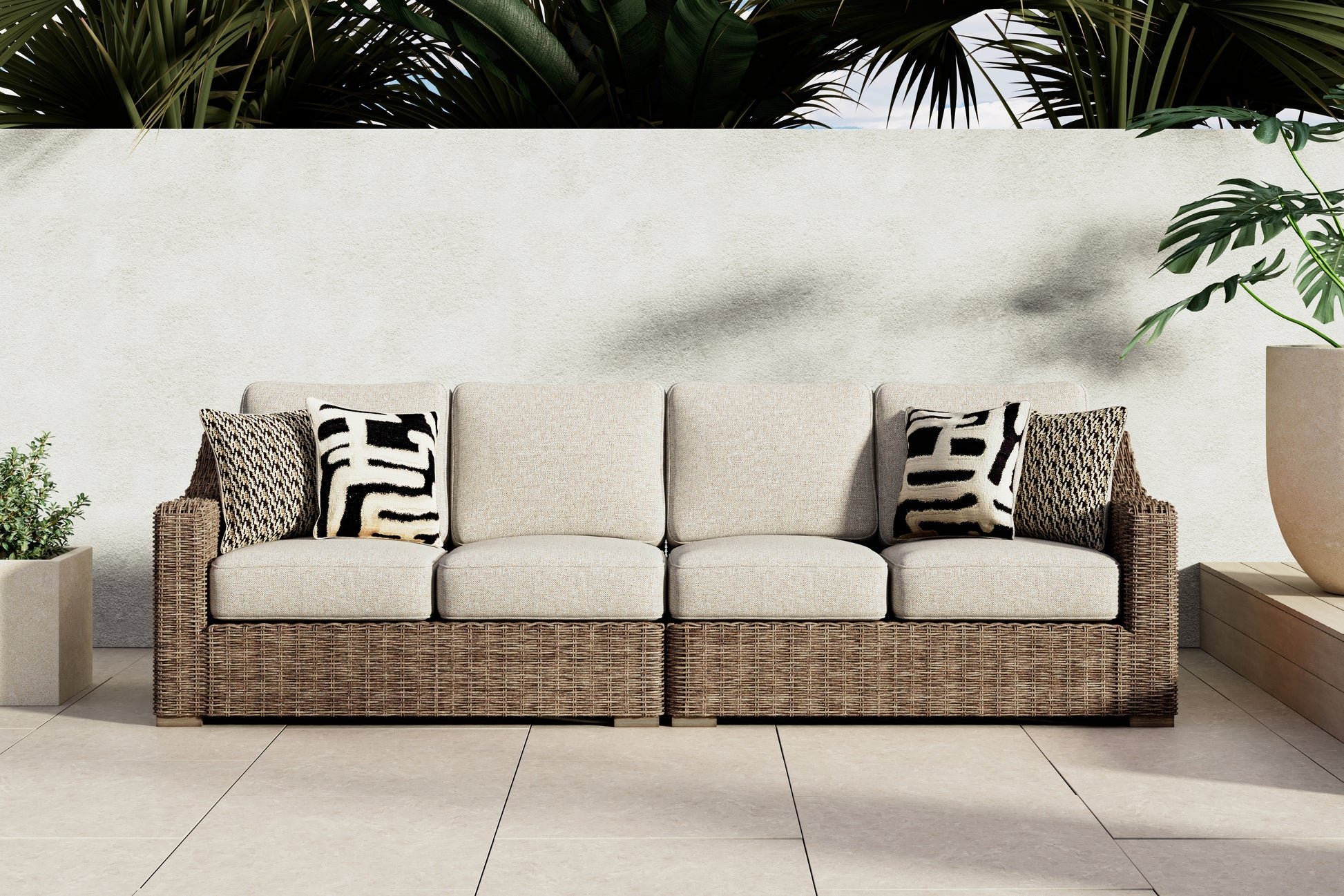 Haines Furniture Outlet - Ashley Furniture - Beachcroft Outdoor - RAF/LAF Loveseat w/CUSH (Set of 2) / Beige - P791-854