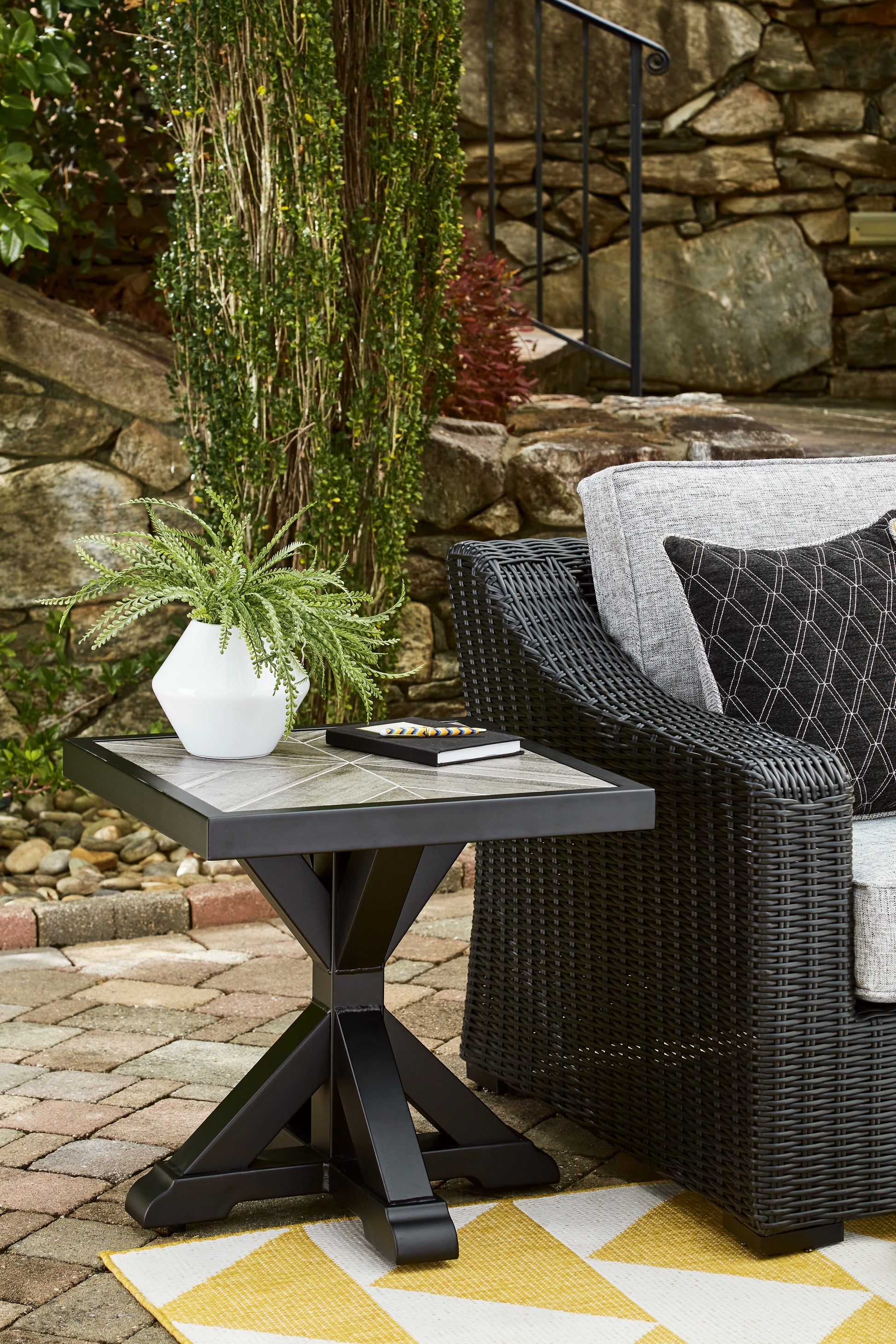 Haines Furniture Outlet - Ashley Furniture - Beachcroft Outdoor - Square End Table / Black/Light Gray - P792-702