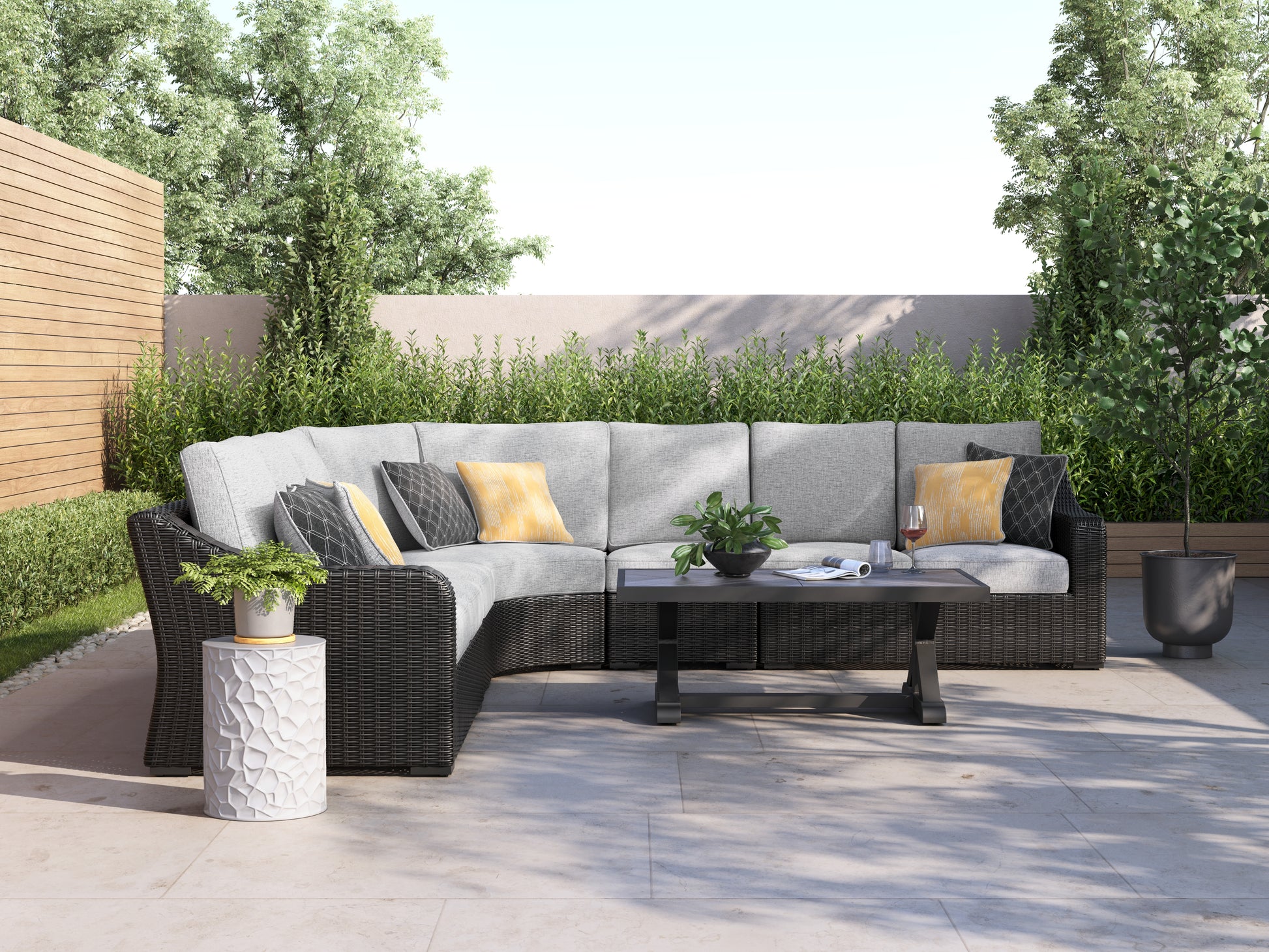 Haines Furniture Outlet - Ashley Furniture - Beachcroft Outdoor - 5-Piece Outdoor Sectional / Black/Light Gray - P792P6