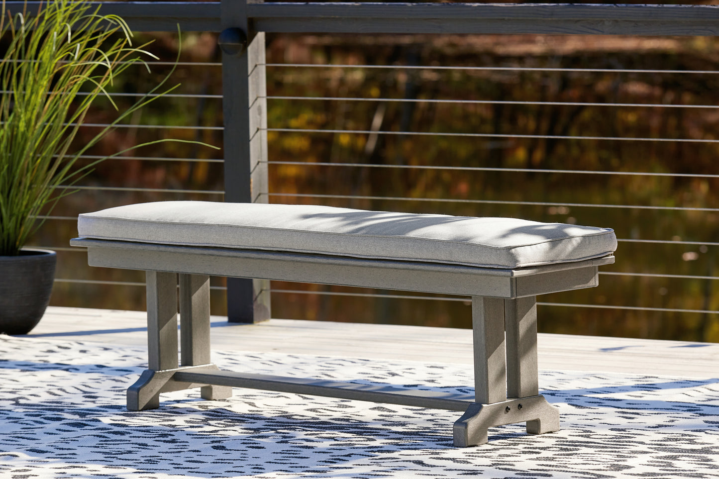 Haines Furniture Outlet - Ashley Furniture - Visola Outdoor - Bench with Cushion / Gray - P802-600
