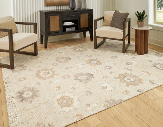 Haines Furniture Outlet - Ashley Furniture - Calkin Rug - 8' x 10' Rug / Linen/Gray/Caramel - R406391