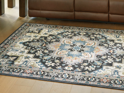 Haines Furniture Outlet - Ashley Furniture - Leningston Rug - 8' x 10' Washable Rug / Black/Cream/Blue - R407061