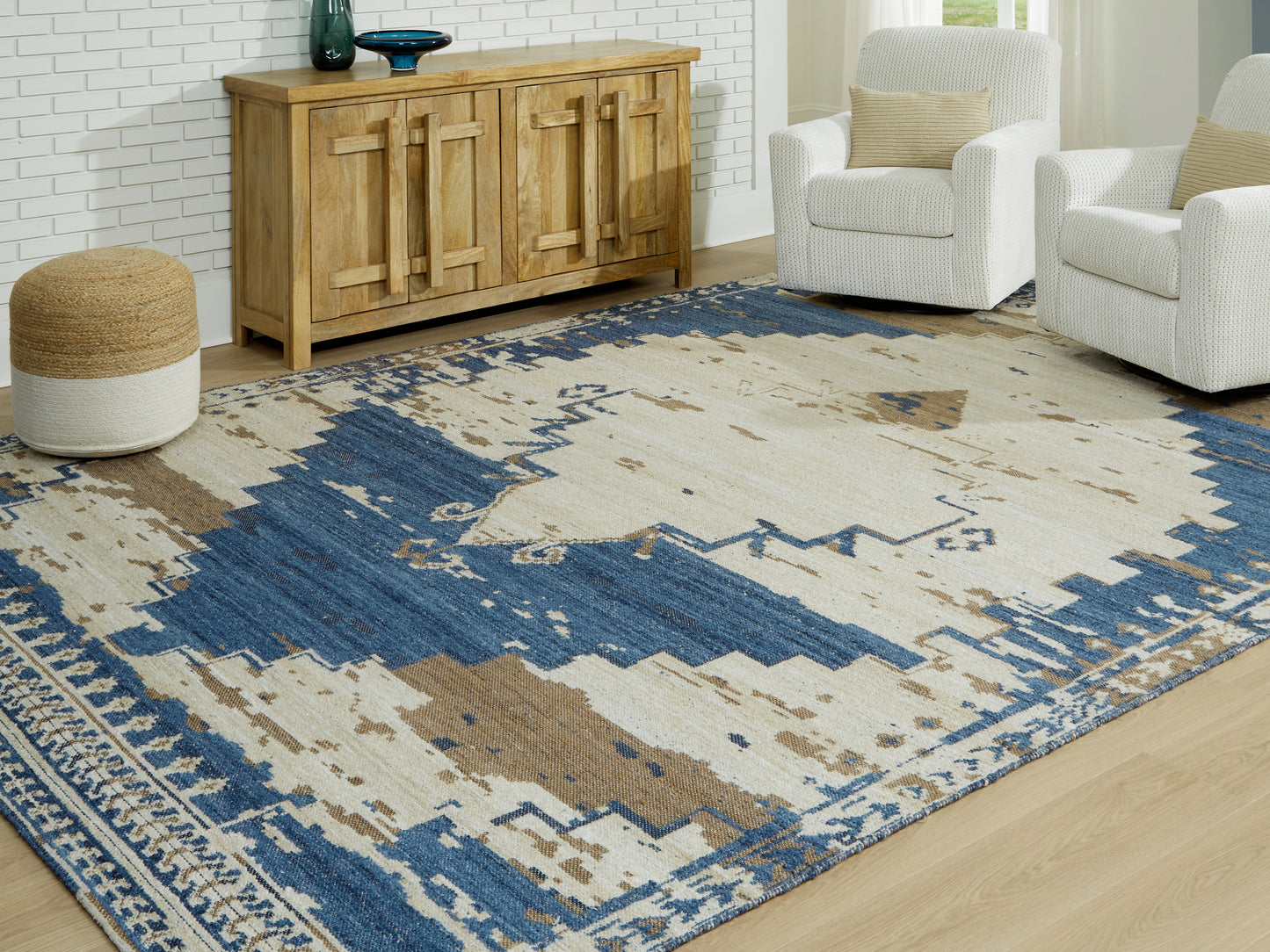 Haines Furniture Outlet - Ashley Furniture - Varnler Rug - 10' x 14' Rug / Blue/Brown/Tan - R407130