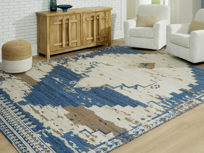 Haines Furniture Outlet - Ashley Furniture - Varnler Rug - 10' x 14' Rug / Blue/Brown/Tan - R407130