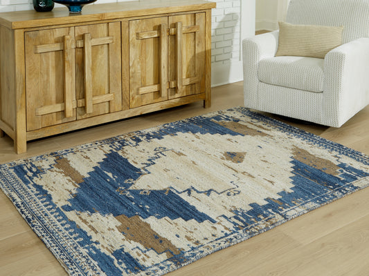 Haines Furniture Outlet - Ashley Furniture - Varnler Rug - 5' x 7' Rug / Blue/Brown/Tan - R407132