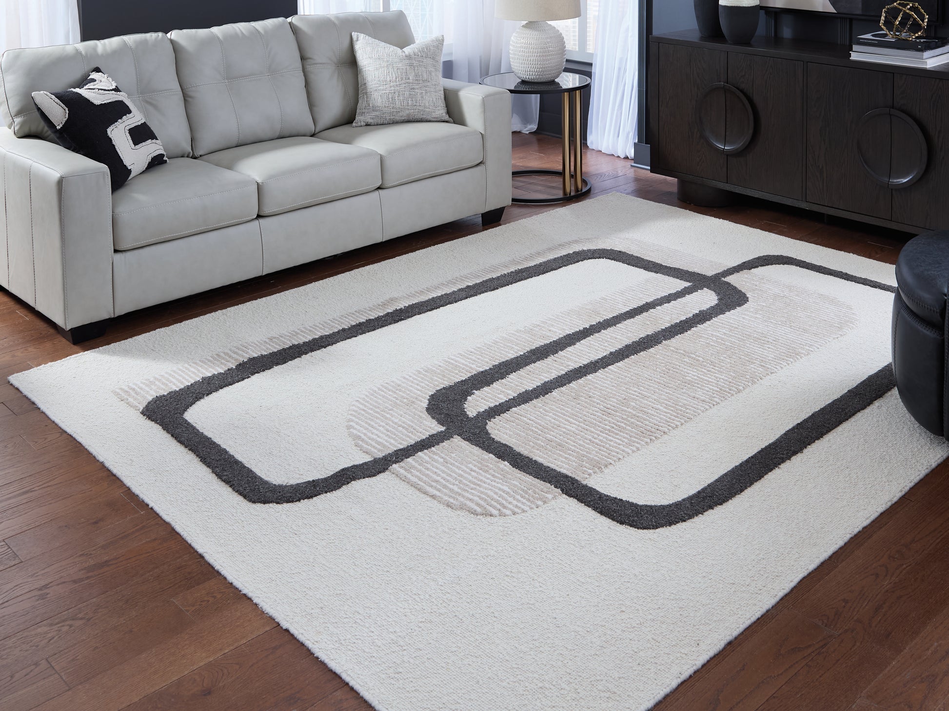 Haines Furniture Outlet - Ashley Furniture - Davismour Rug - 7'8" x 10' Area Rug / Ivory/Taupe/Charcoal - R407561
