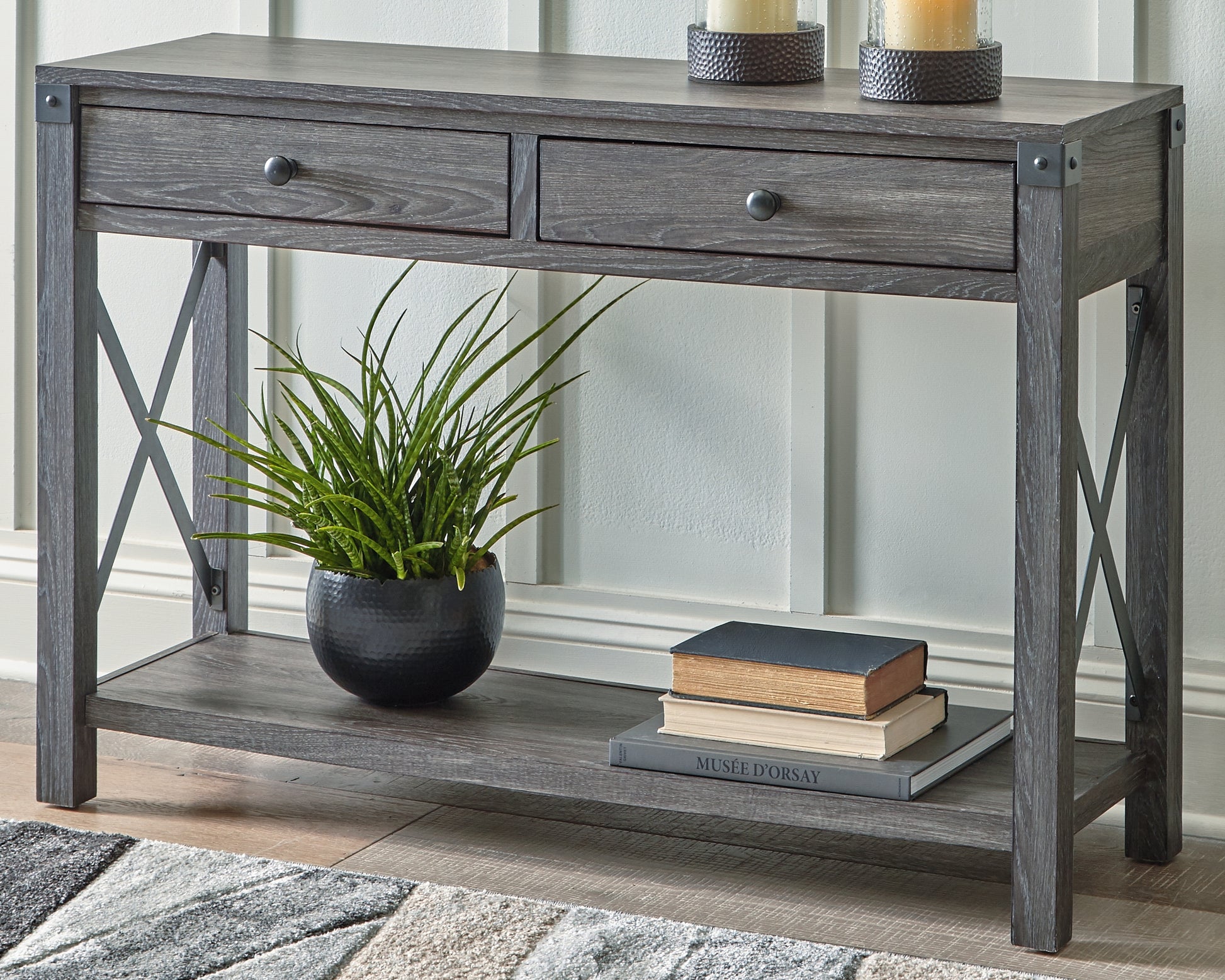 Haines Furniture Outlet - Ashley Furniture - Freedan Sofa/Console Table - Console Sofa Table / Grayish Brown - T175-4