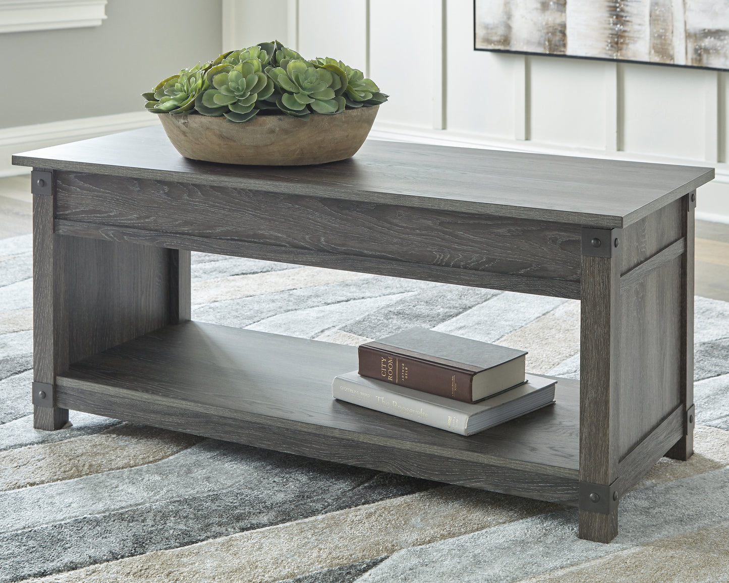Haines Furniture Outlet - Ashley Furniture - Freedan Lift-Top Coffee Table - Rect Lift Top Cocktail Table / Grayish Brown - T175-9