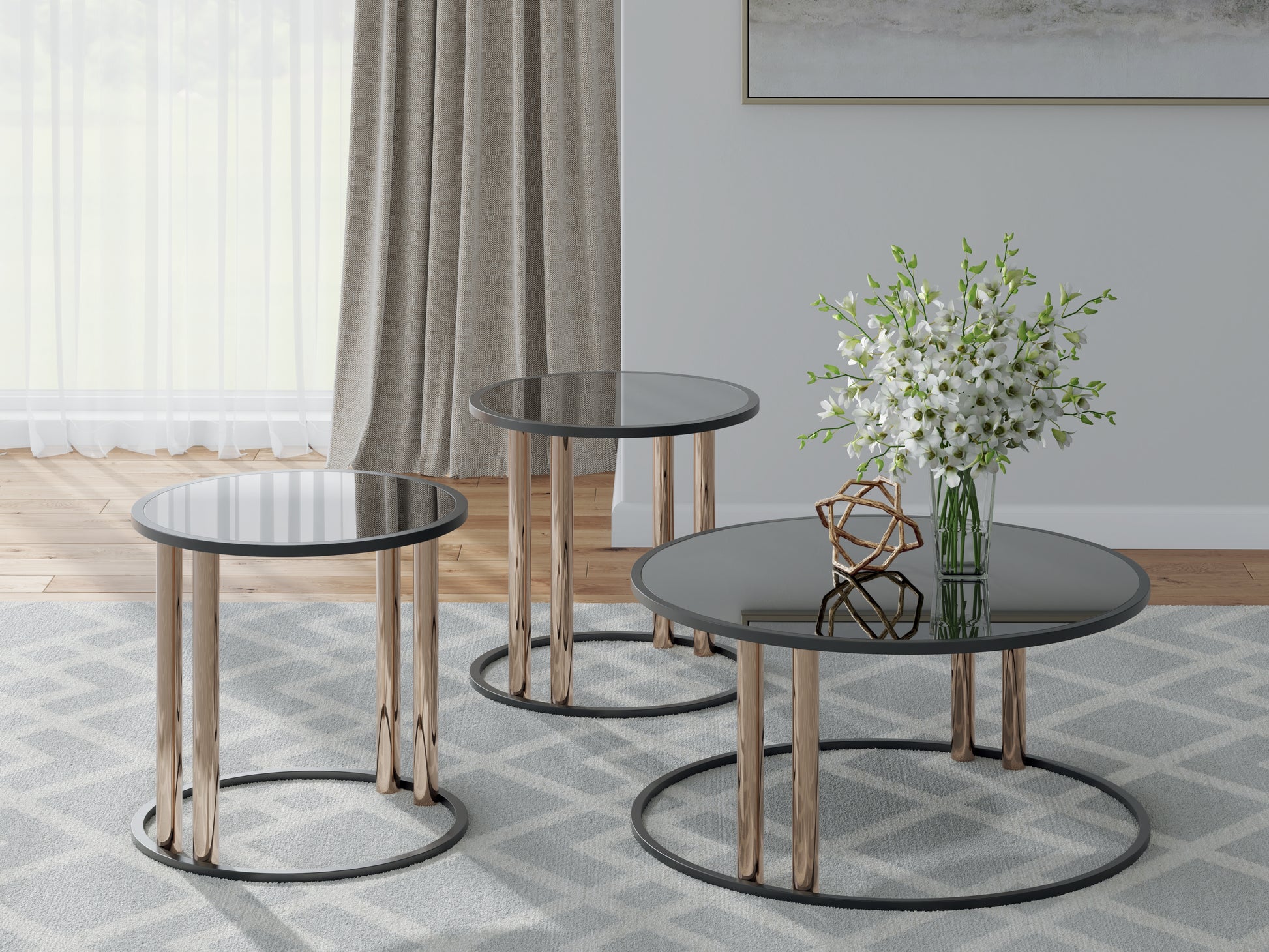 Haines Furniture Outlet - Ashley Furniture - Hannerly Table (Set of 3) - Occasional Table Set (3/CN) / Black/Gold Finish - T219-13