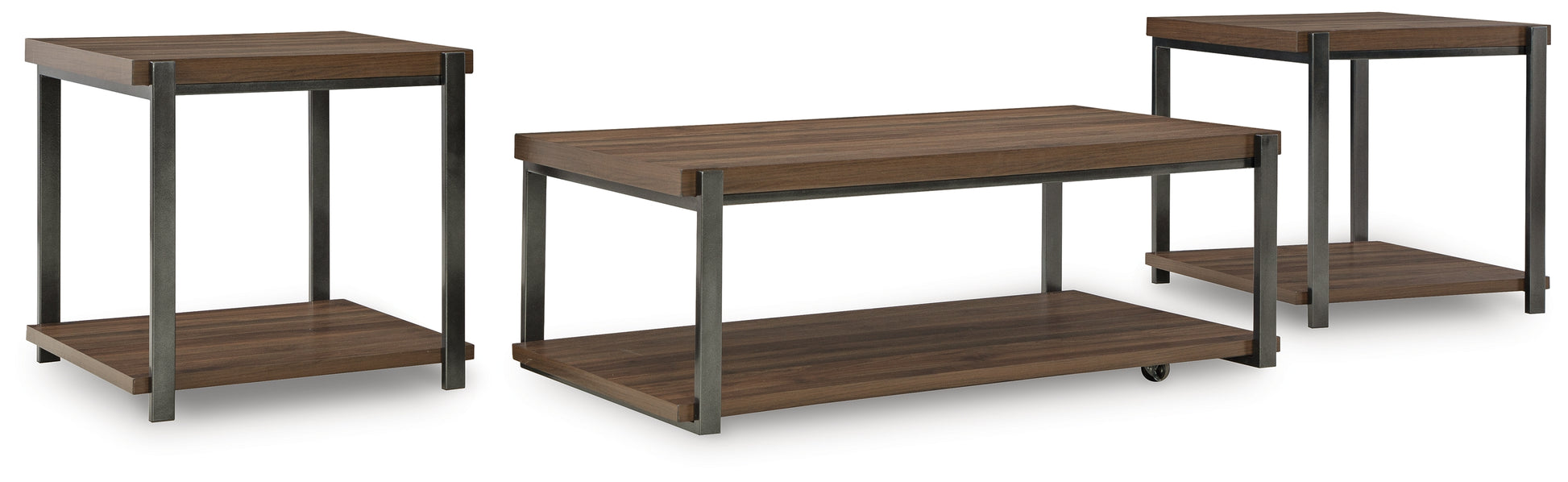Haines Furniture Outlet - Ashley Furniture - Trindwick Table (Set of 3) - Occasional Table Set (3/CN) / Brown/Gun Metal - T381-13