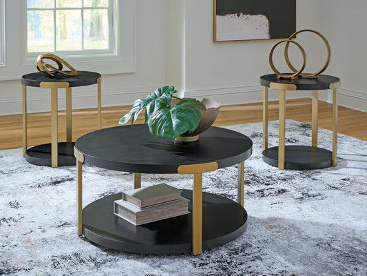 Haines Furniture Outlet - Ashley Furniture - Shylore Table (Set of 3) - Occasional Table Set (3/CN) / Black/Brass Finish - T410-13