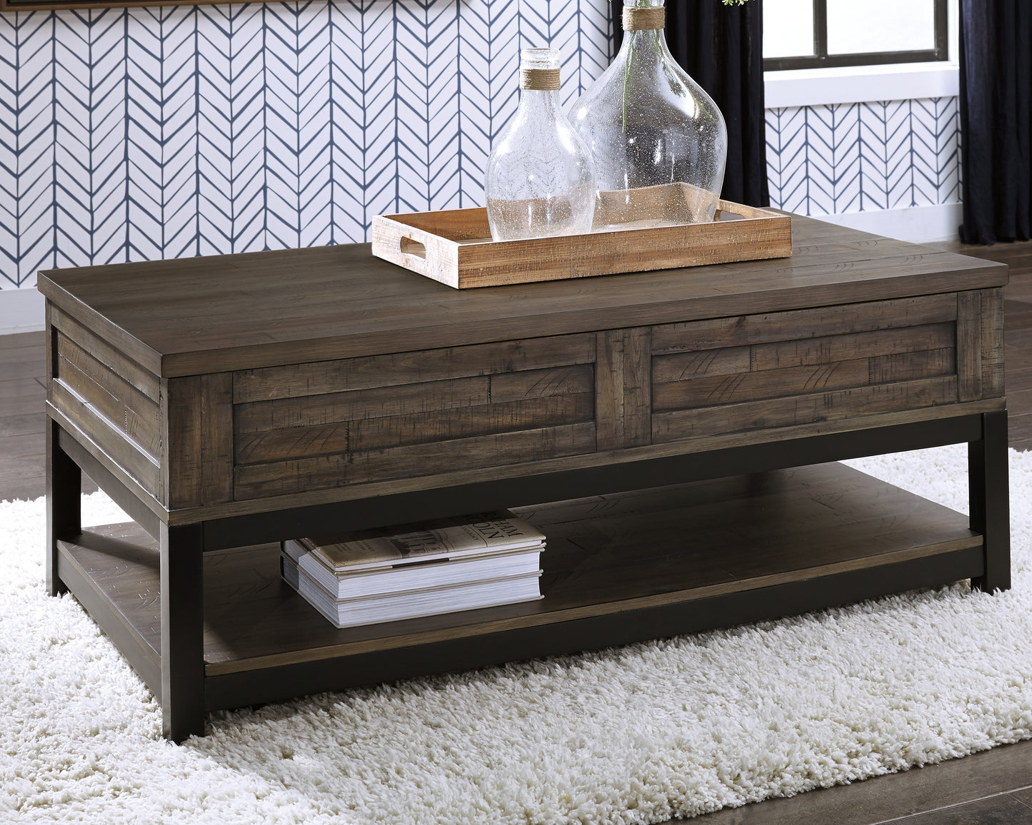 Haines Furniture Outlet - Ashley Furniture - Johurst Coffee Table with Lift Top - LIFT TOP COCKTAIL TABLE / Grayish Brown - T444-9