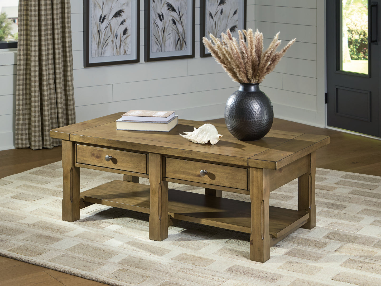Haines Furniture Outlet - Ashley Furniture - Vandenmore Coffee Table - Rectangular Cocktail Table / Medium Brown - T539-1