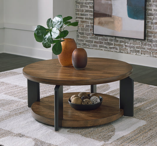 Haines Furniture Outlet - Ashley Furniture - Kraeburn Coffee Table - Round Cocktail Table / Brown/Black - T624-8