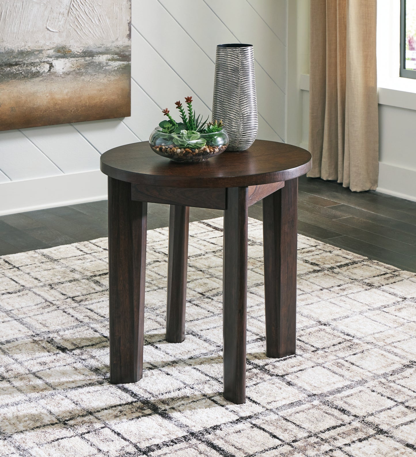 Haines Furniture Outlet - Ashley Furniture - Korestone 2 End Table - Round End Table / Dark Brown - T657-6